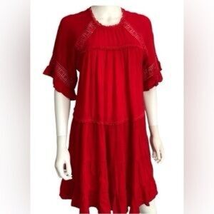 Red Crochet Crepe Baggy Mini Shirt Dress